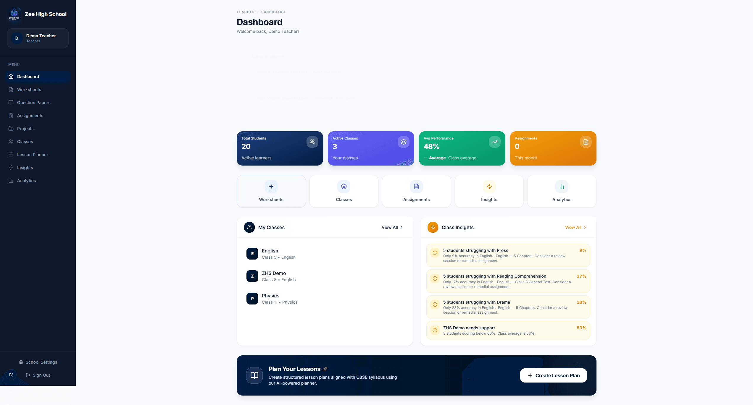 Teacher dashboard